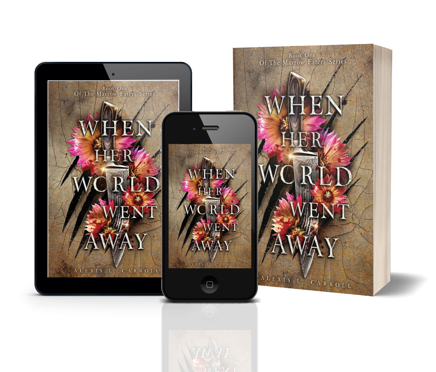 3d Mockup With Tablet Phone and book cover of When Her World Went Away by Alexis L. Carroll
